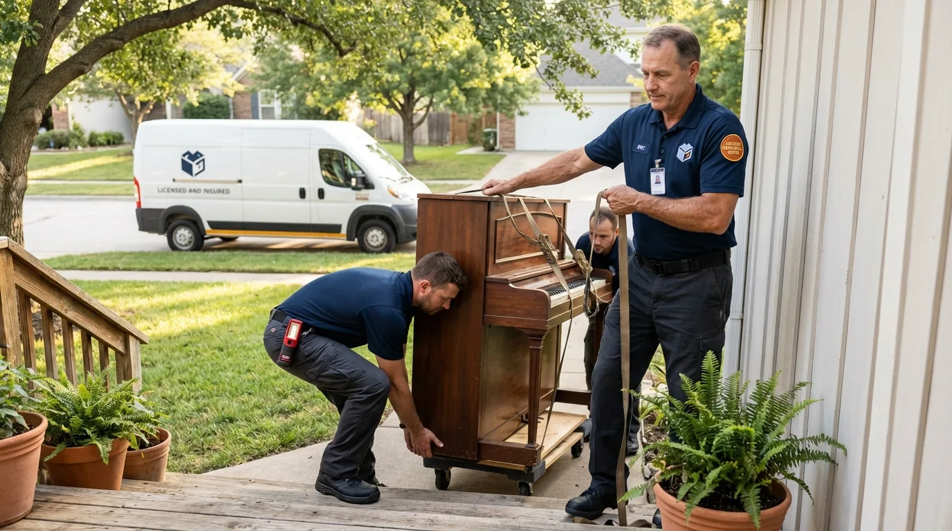 Licensed piano movers securing grand piano in Platte City, MO