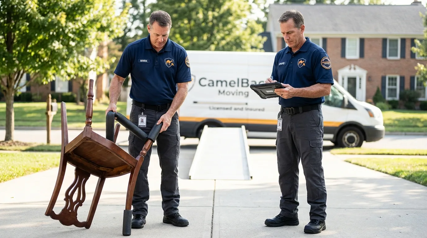 Movers inspecting furniture for damage prevention before loading in Platte City, MO