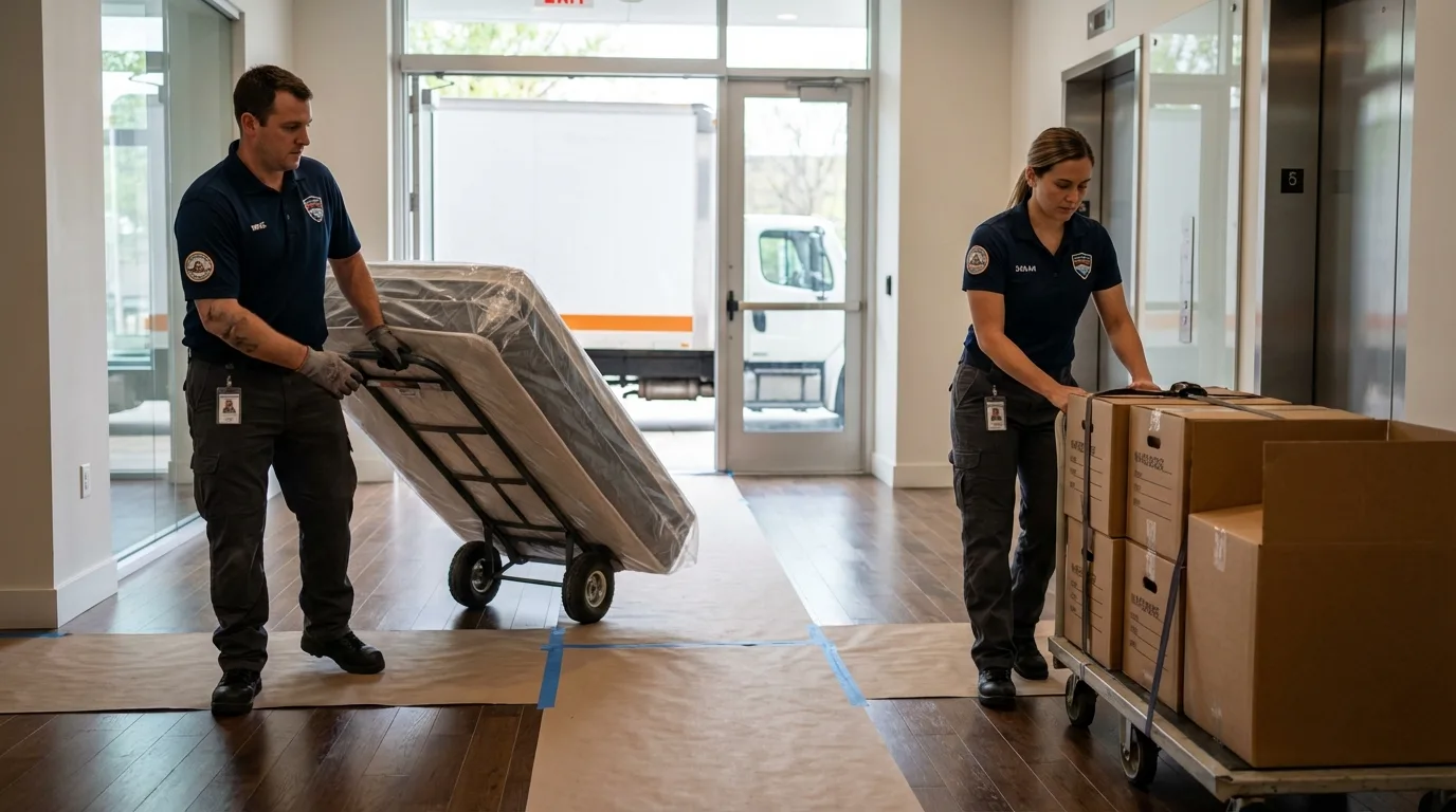 Professional apartment movers loading elevator in Platte City, MO